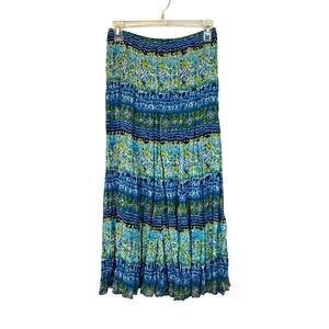 Rafael Essential Blue Green Watercolor Crinkle Broom Stick Skirt Bohemian Vibe